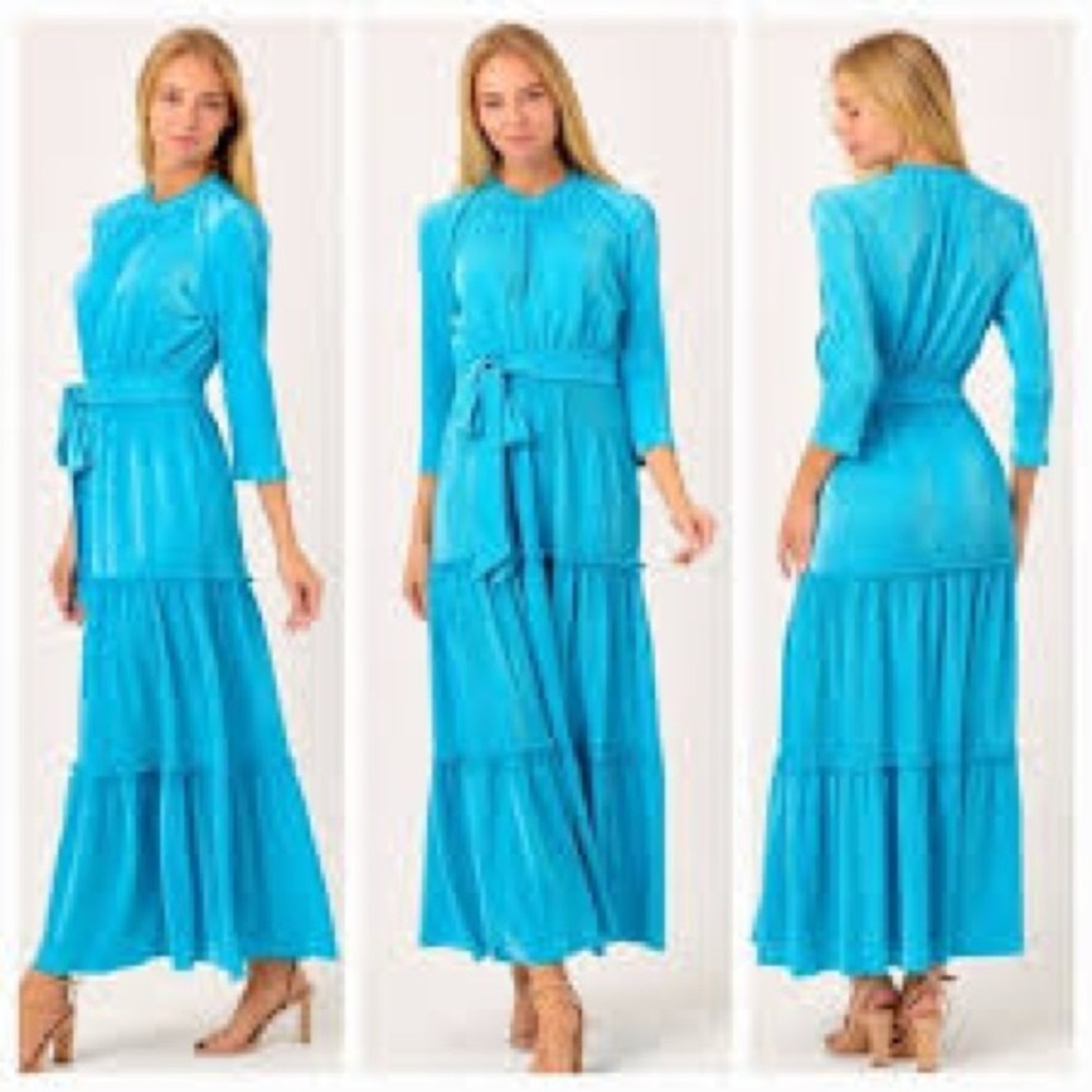 Turquoise Pleated Maxi Dress,  Three Quarter Length Sleeve, Belted Waist